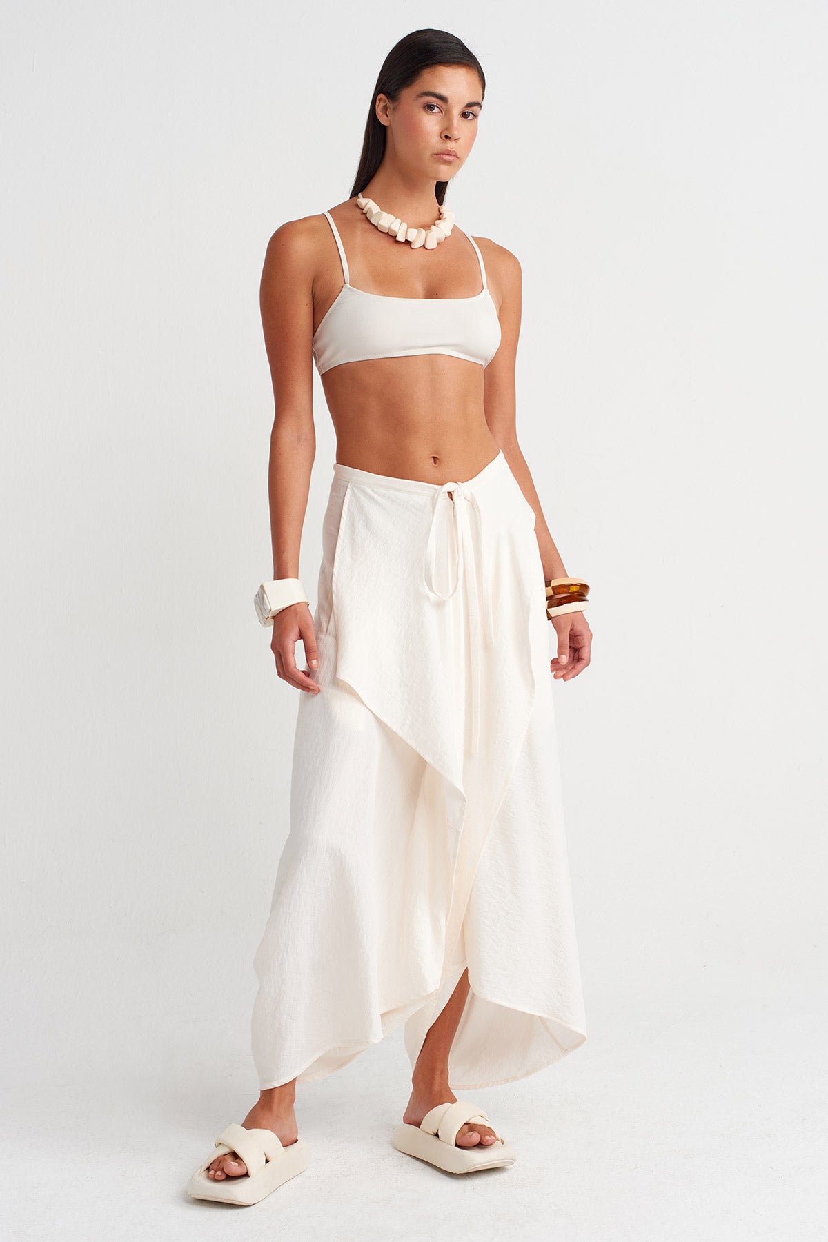 Kırık Beyaz Asimetrik Bağlamalı Şalvar-Y263013007