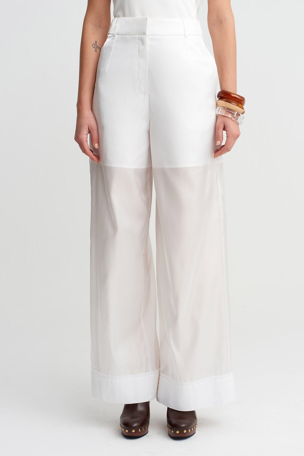 Kırık Beyaz Yüksek Bel Transparan Katmanlı Pantolon-Y263013033