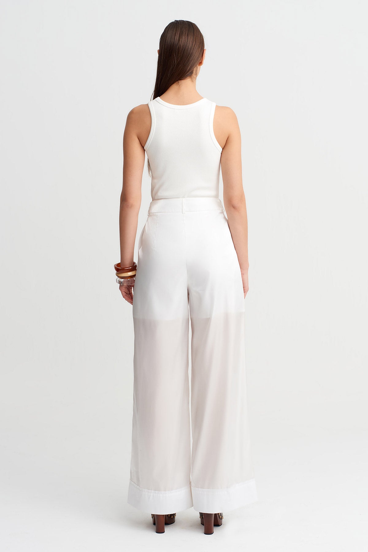 Kırık Beyaz Yüksek Bel Transparan Katmanlı Pantolon-Y263013033