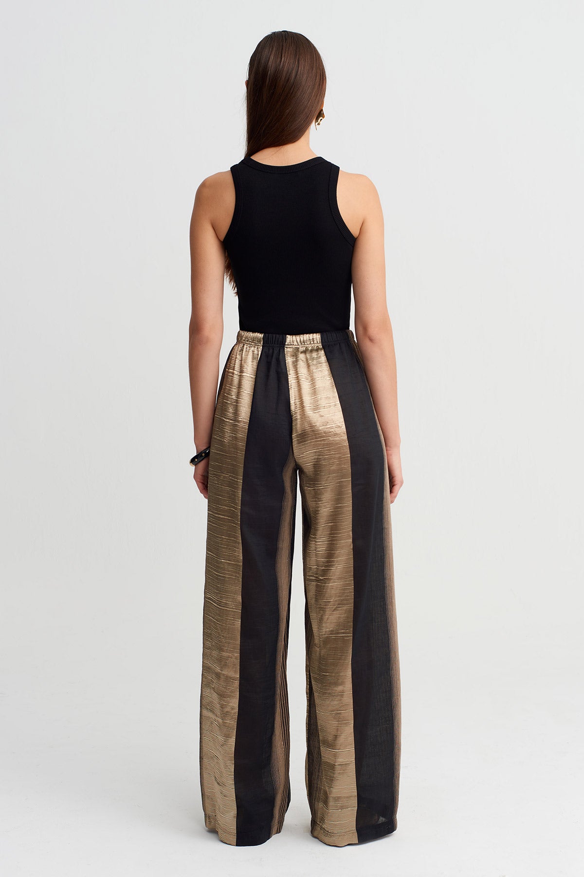 Siyah/Gold Çizgisel Dokulu Geniş Paça Trousers-Y263013036