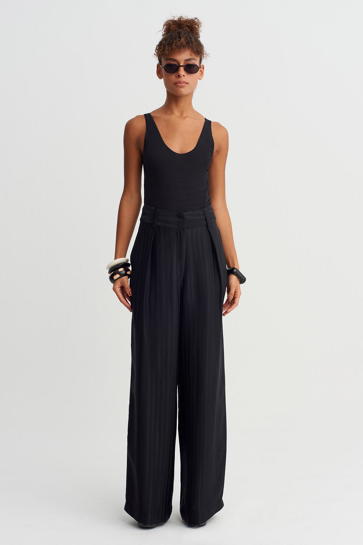 Siyah Tona Ton Çizgili Yüksek Bel Pantolon-Y263013040