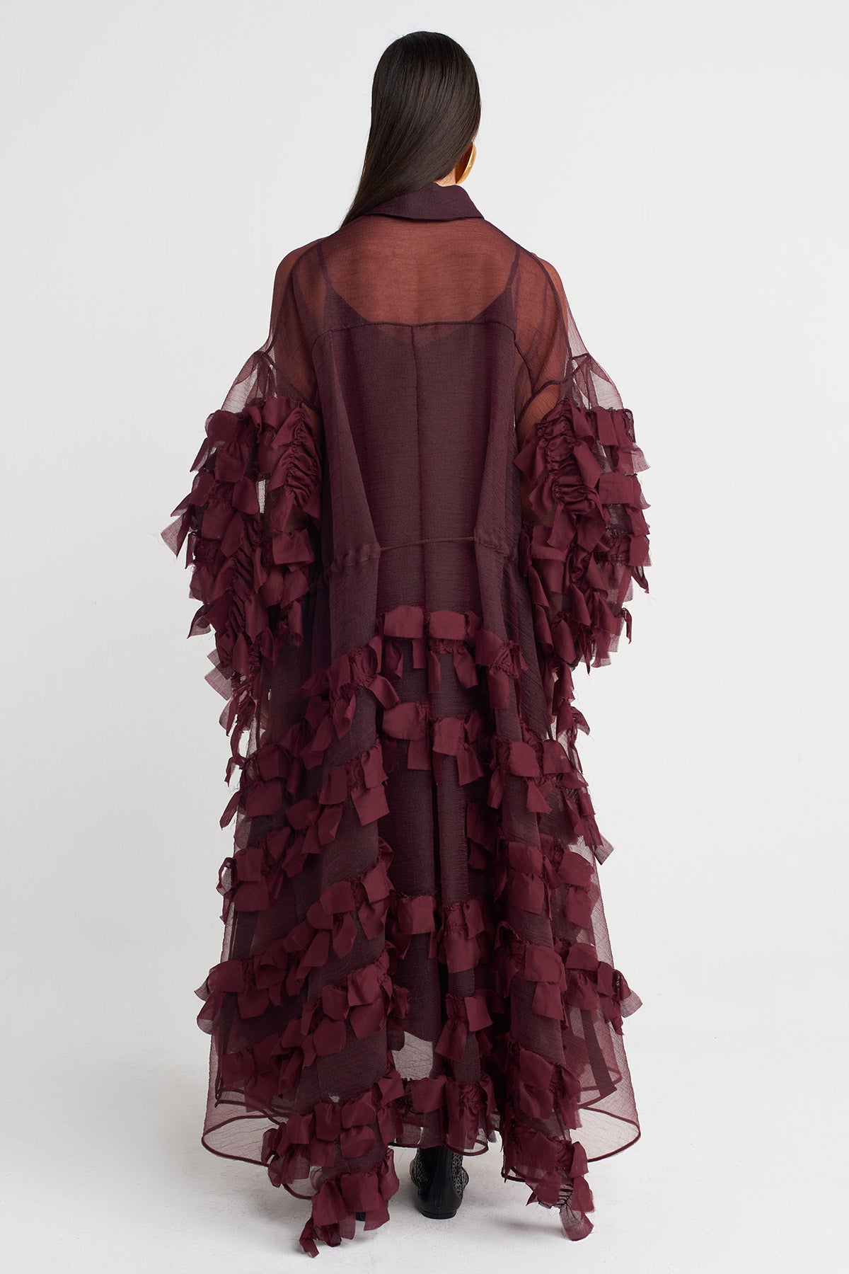 Burgundy Organza Layered Embroidered Long Dress - Y264014009