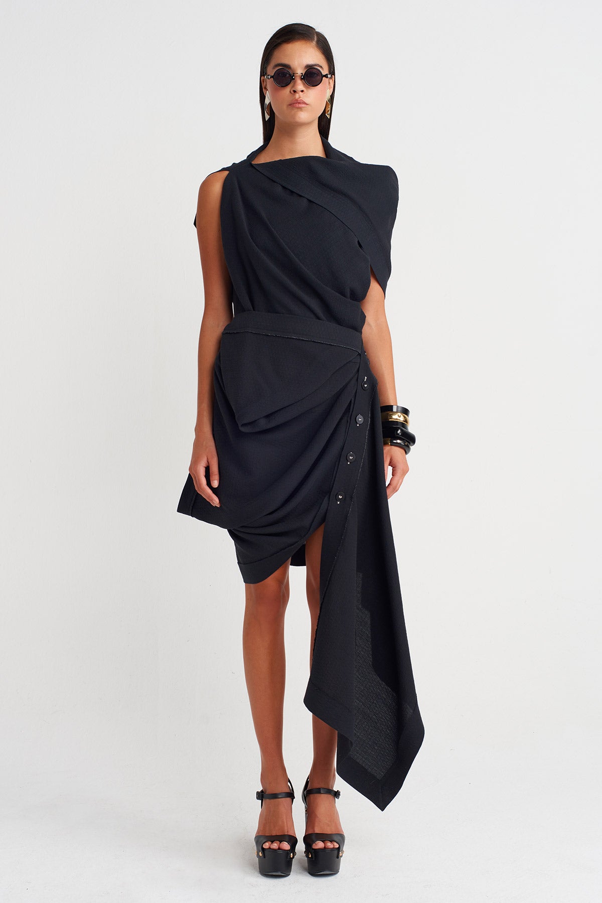 Black Asymmetrical Sculptural Draped Dress - Y264014012