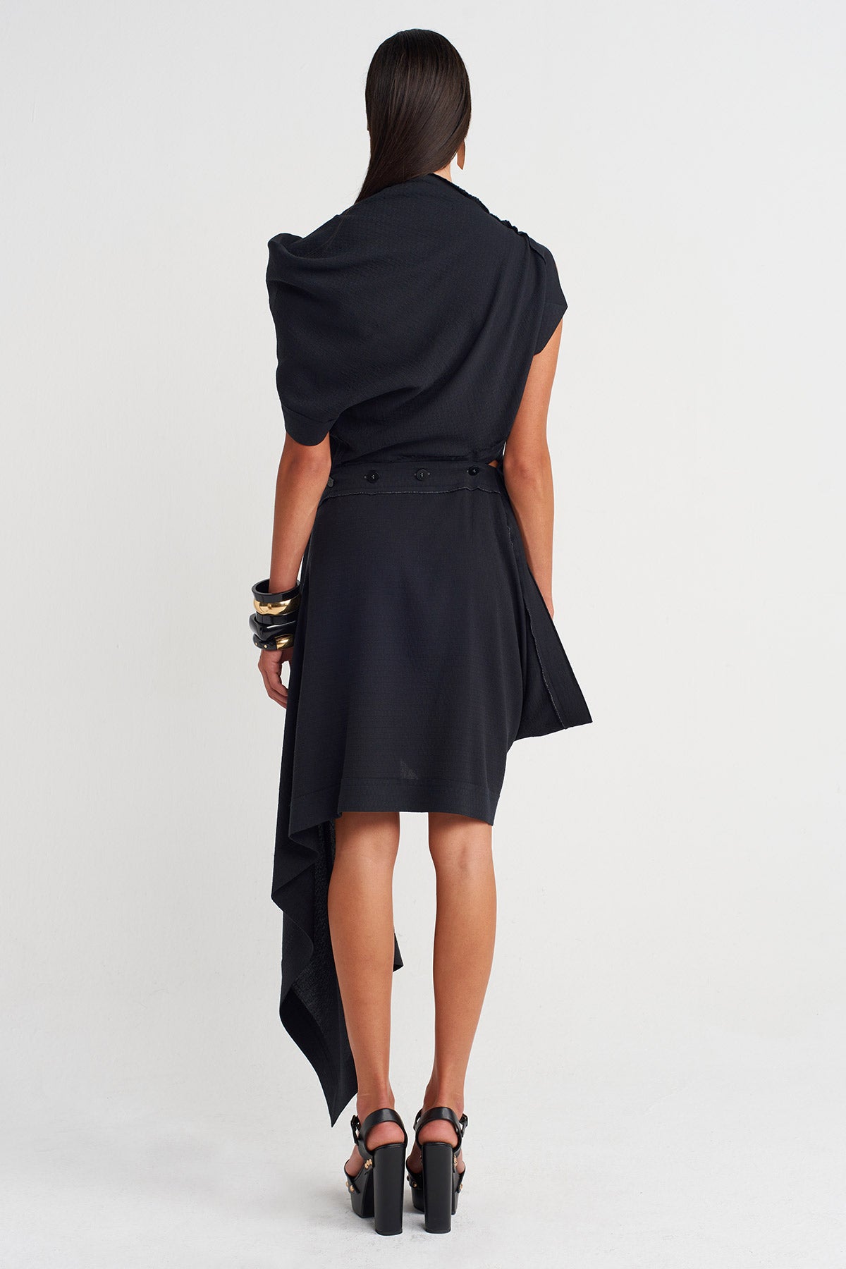 Black Asymmetrical Sculptural Draped Dress - Y264014012