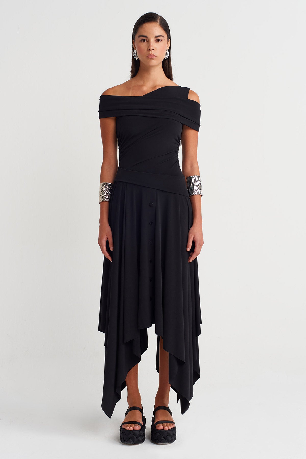 Black Asymmetrical Draped Jersey Dress