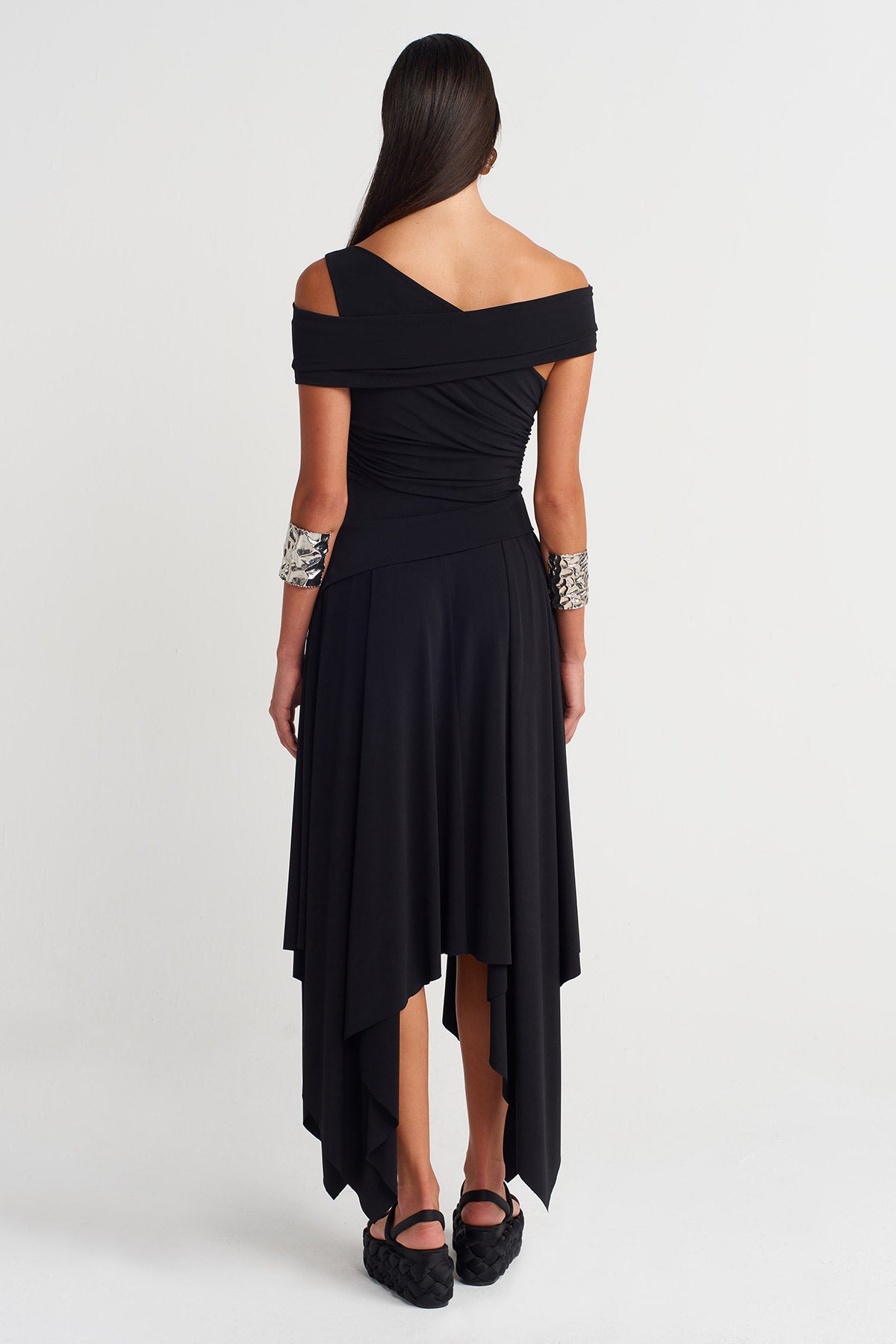 Siyah Asimetrik Drapeli Jarse Elbise-Y264014013