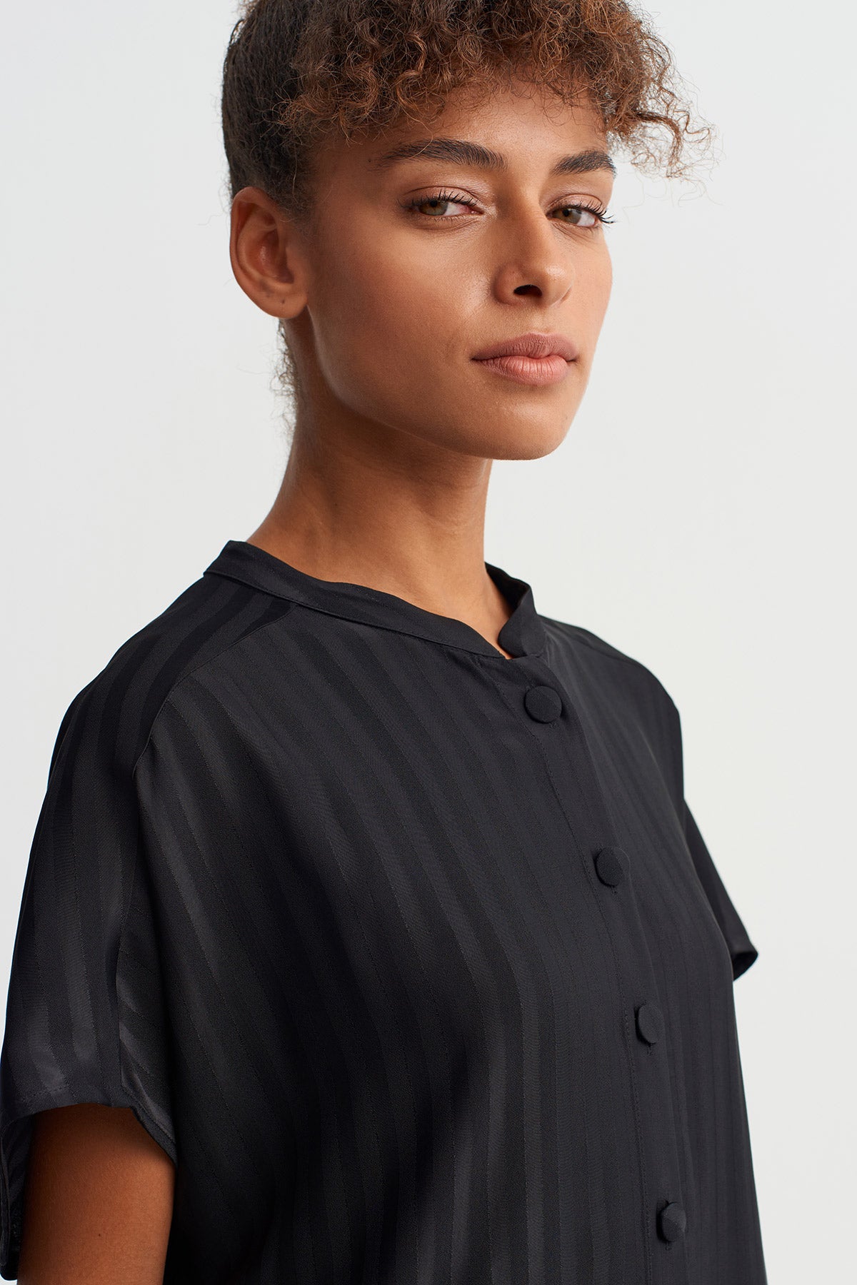 Black Tone-on-Tone Striped Button-Down Dress - Y264014049