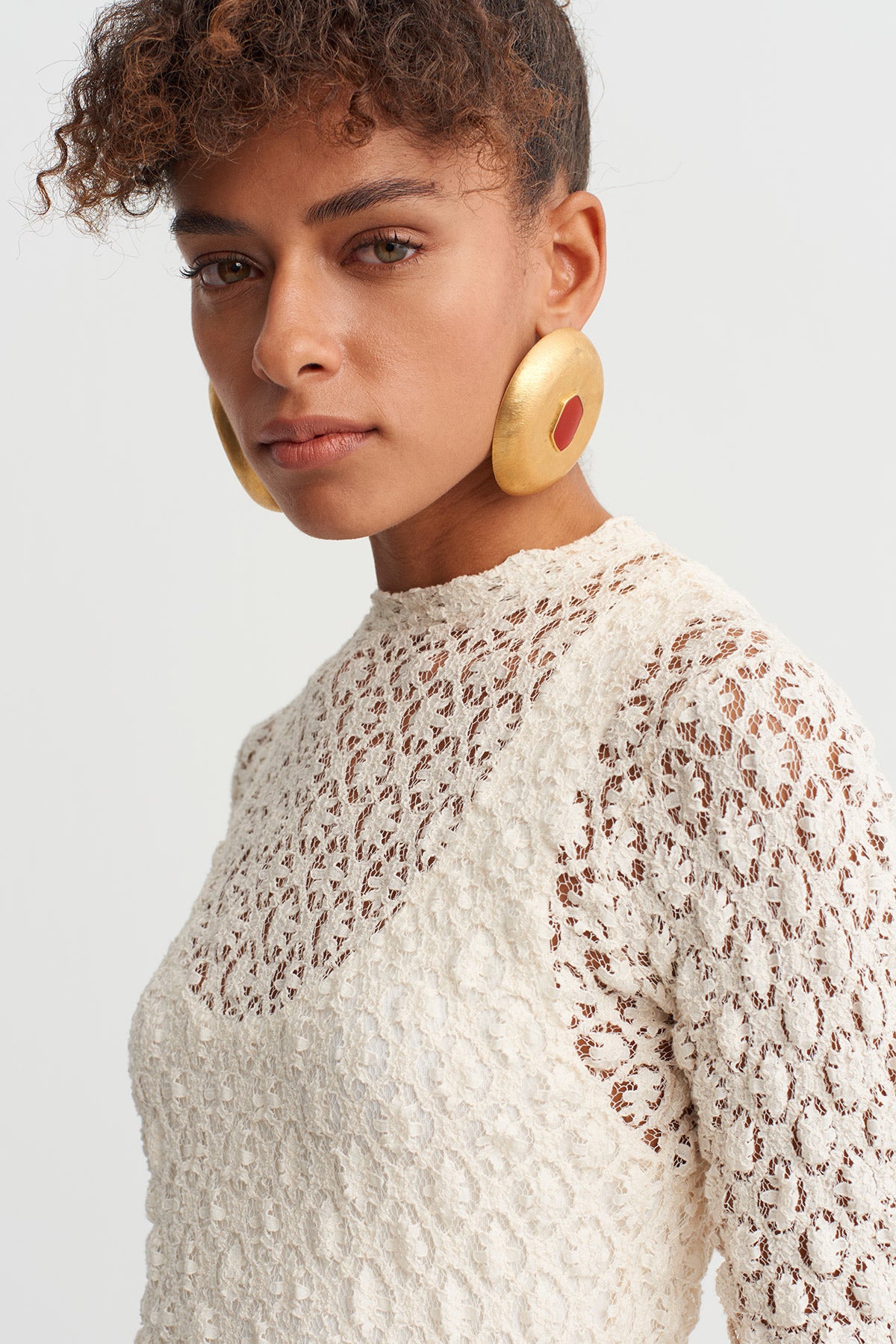 Natur Dantel Dokulu Uzun Elbise-Y264014050