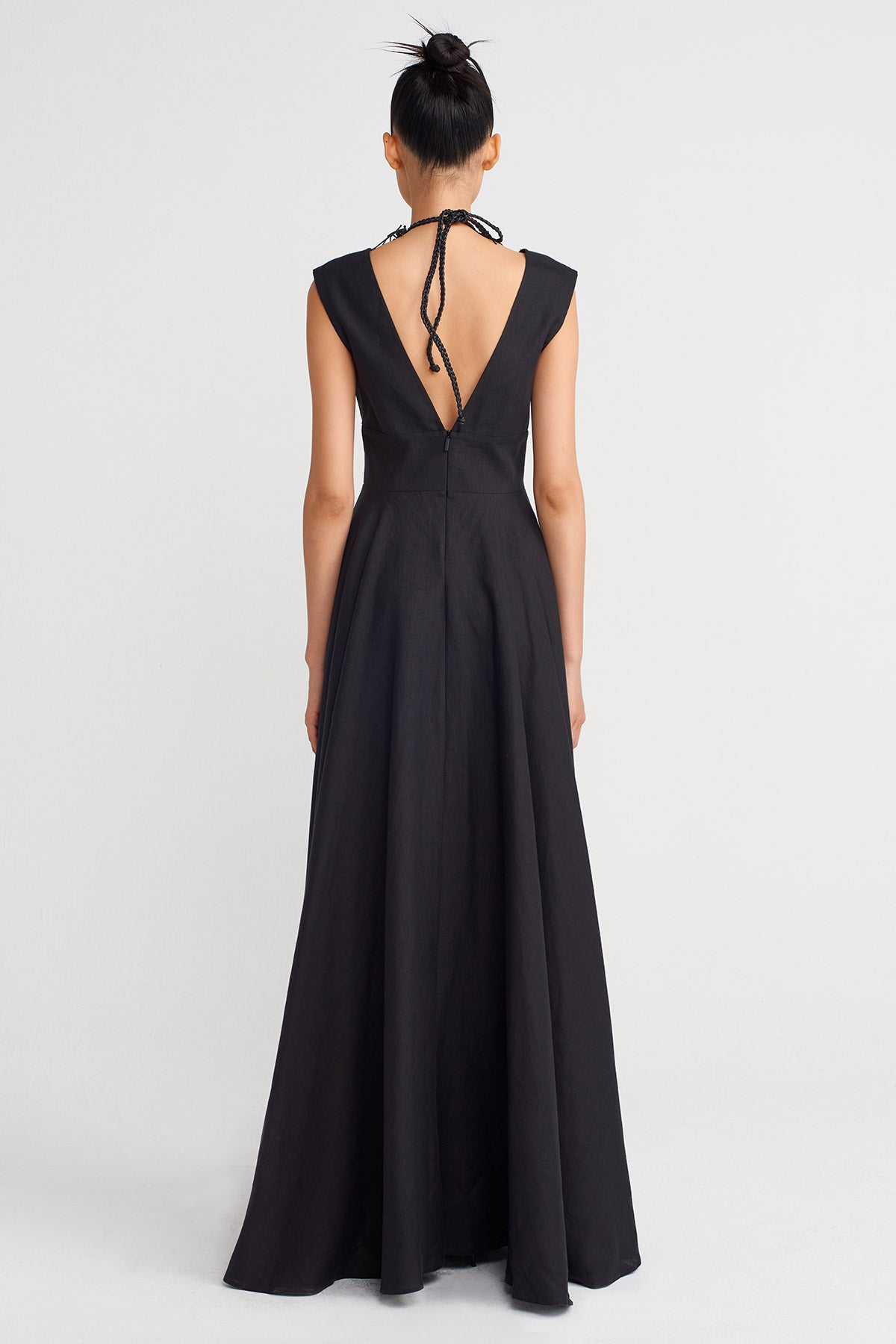 Siyah Derin V Yakalı Uzun Keten Elbise-Y264014057