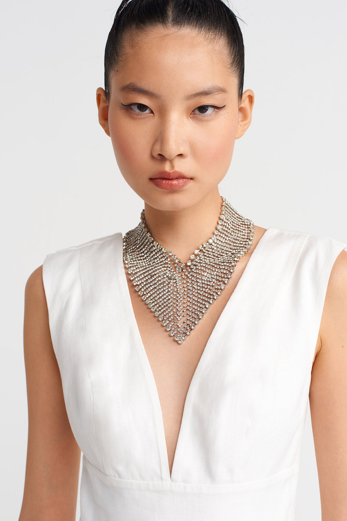 Kırık Beyaz Derin V Yakalı Uzun Keten Elbise-Y264014057