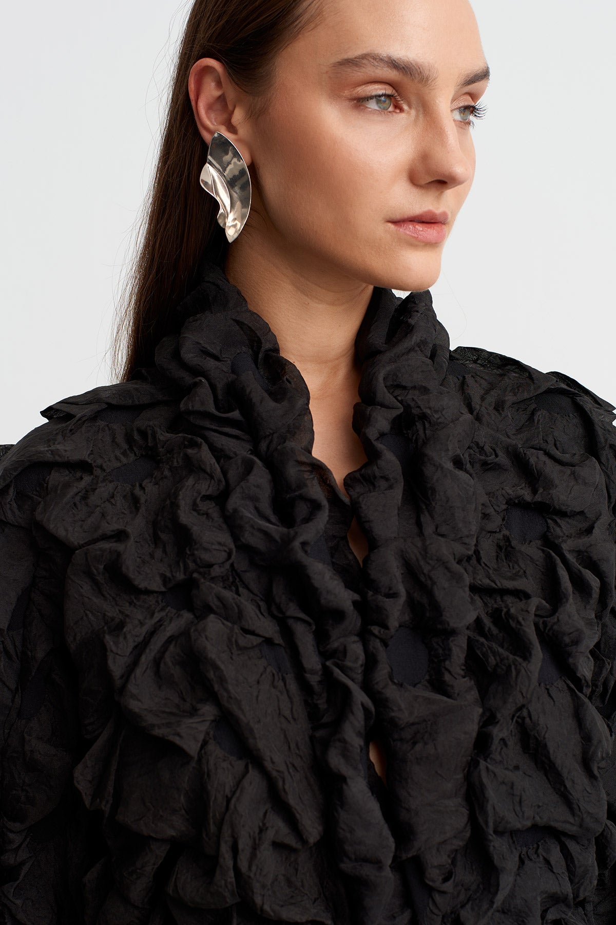 Siyah Dokulu Yüzeyli Fermuar Detaylı Uzun Elbise-Y264014070