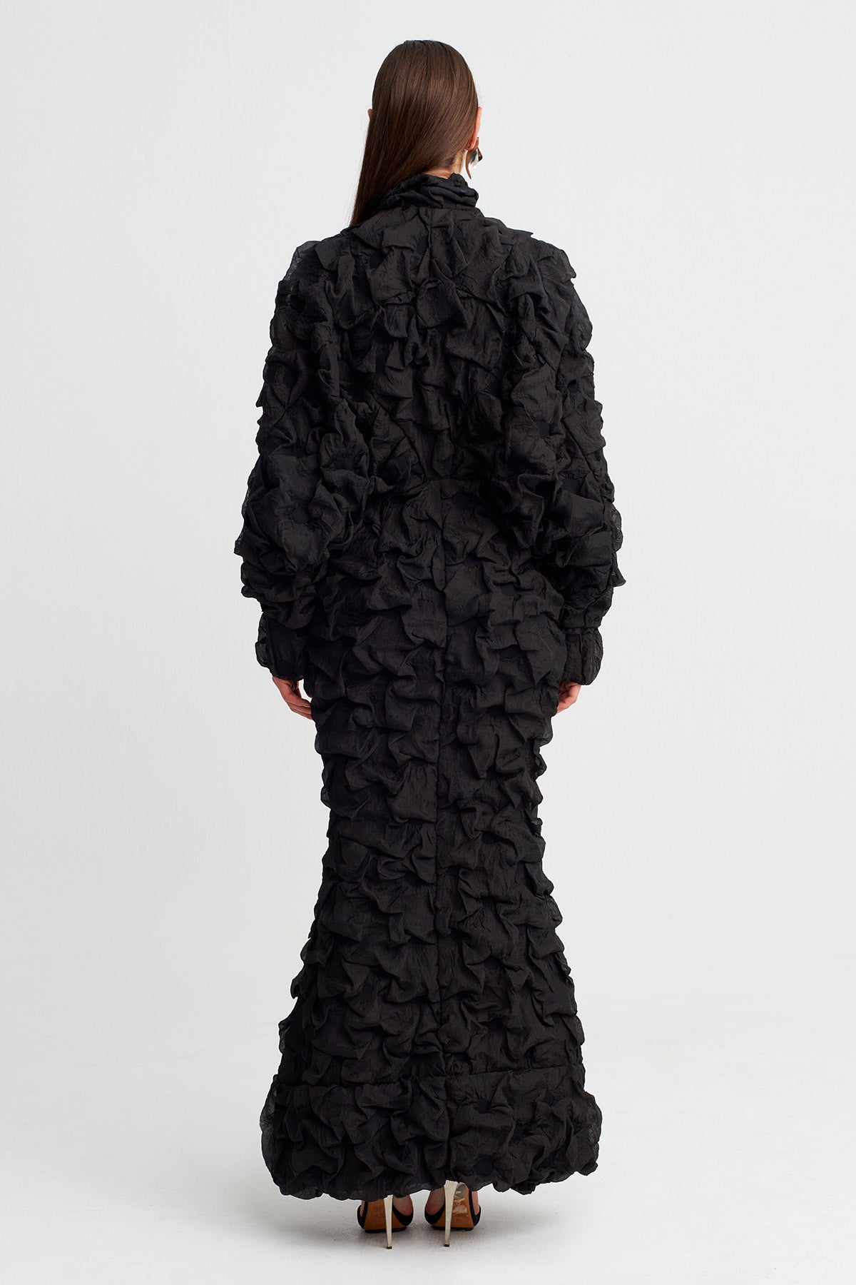 Siyah Dokulu Yüzeyli Fermuar Detaylı Uzun Elbise-Y264014070