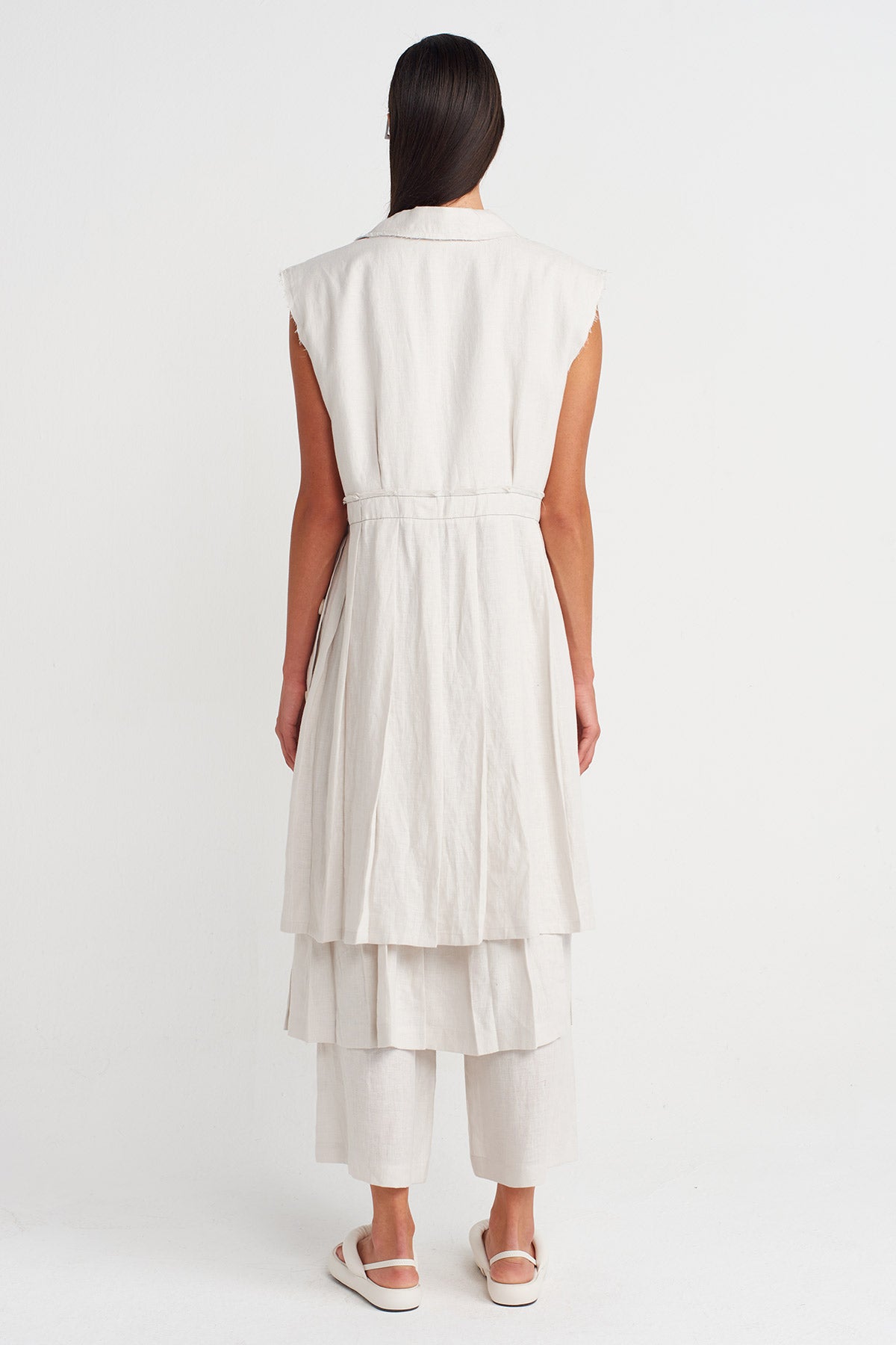 Sis Rengi Keten Katmanlı Uzun Yelek-Y265015004