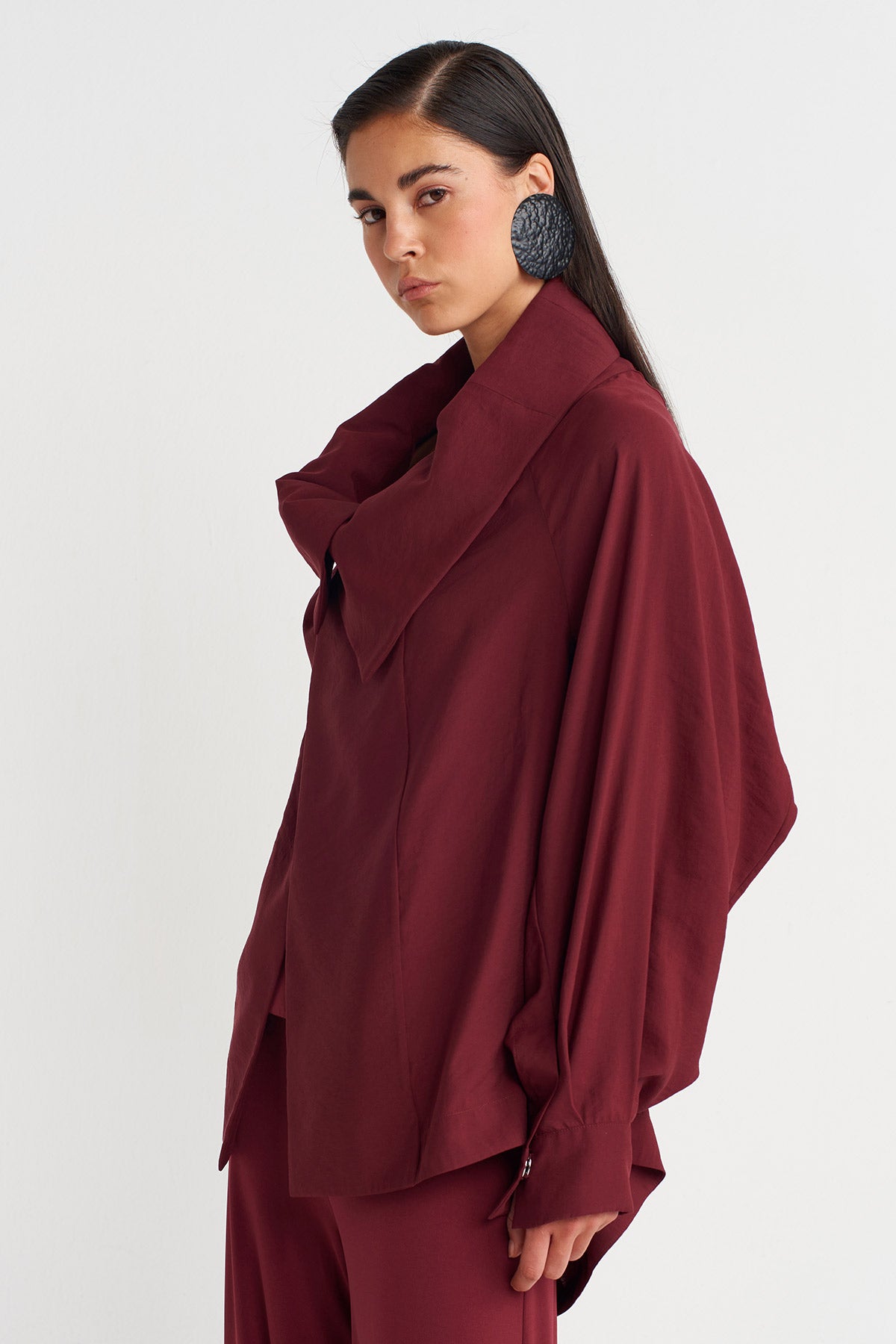 Mürdüm Geniş Yakalı Dökümlü Ceket-Y265015007