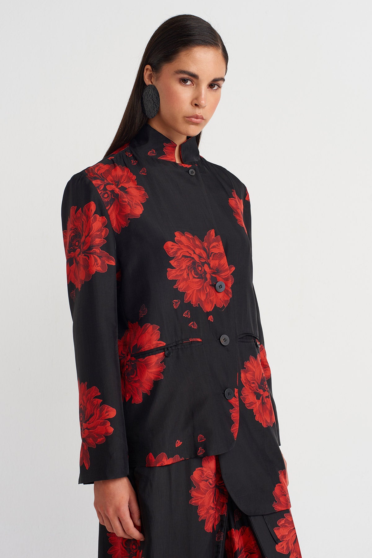 Asimetrik Çiçek Desenli Ceket-Y265015014