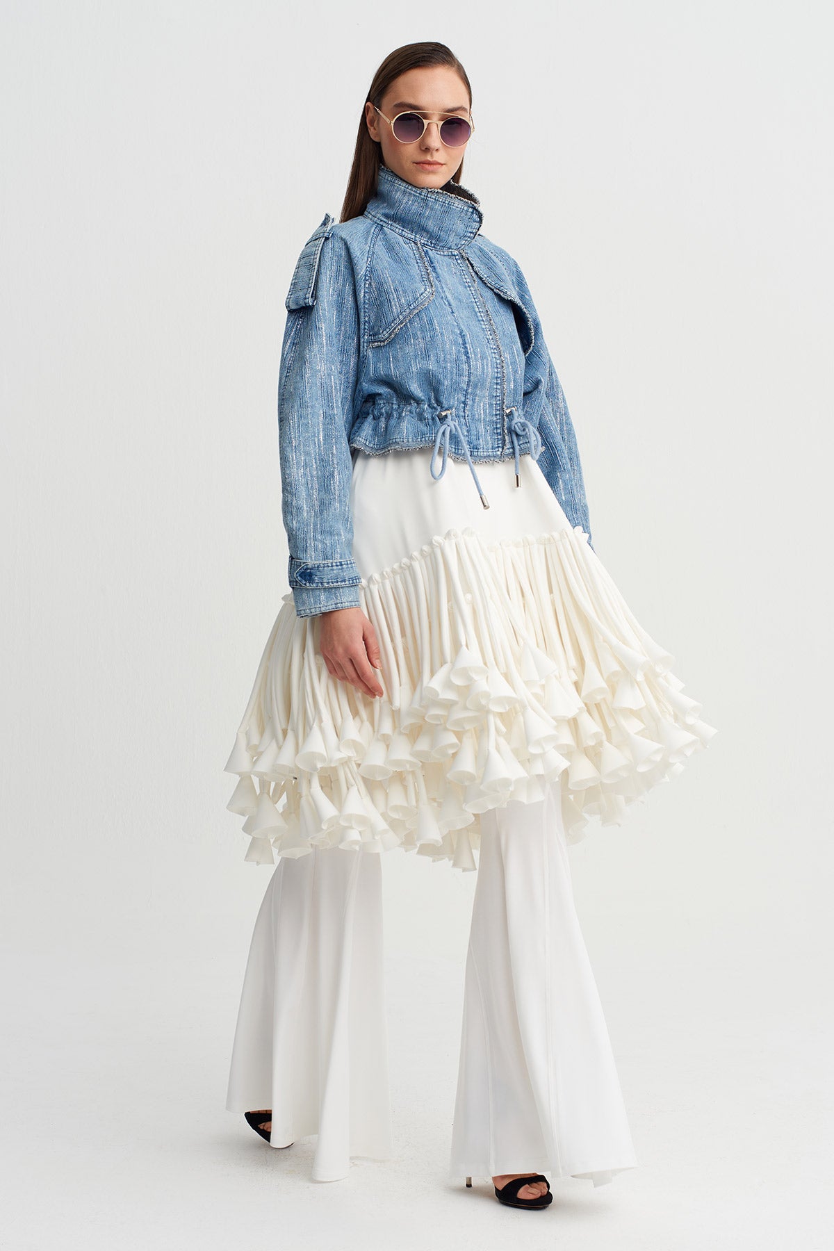 Indigo Yüksek Yakalı Büzgülü Denim Ceket-Y265015027