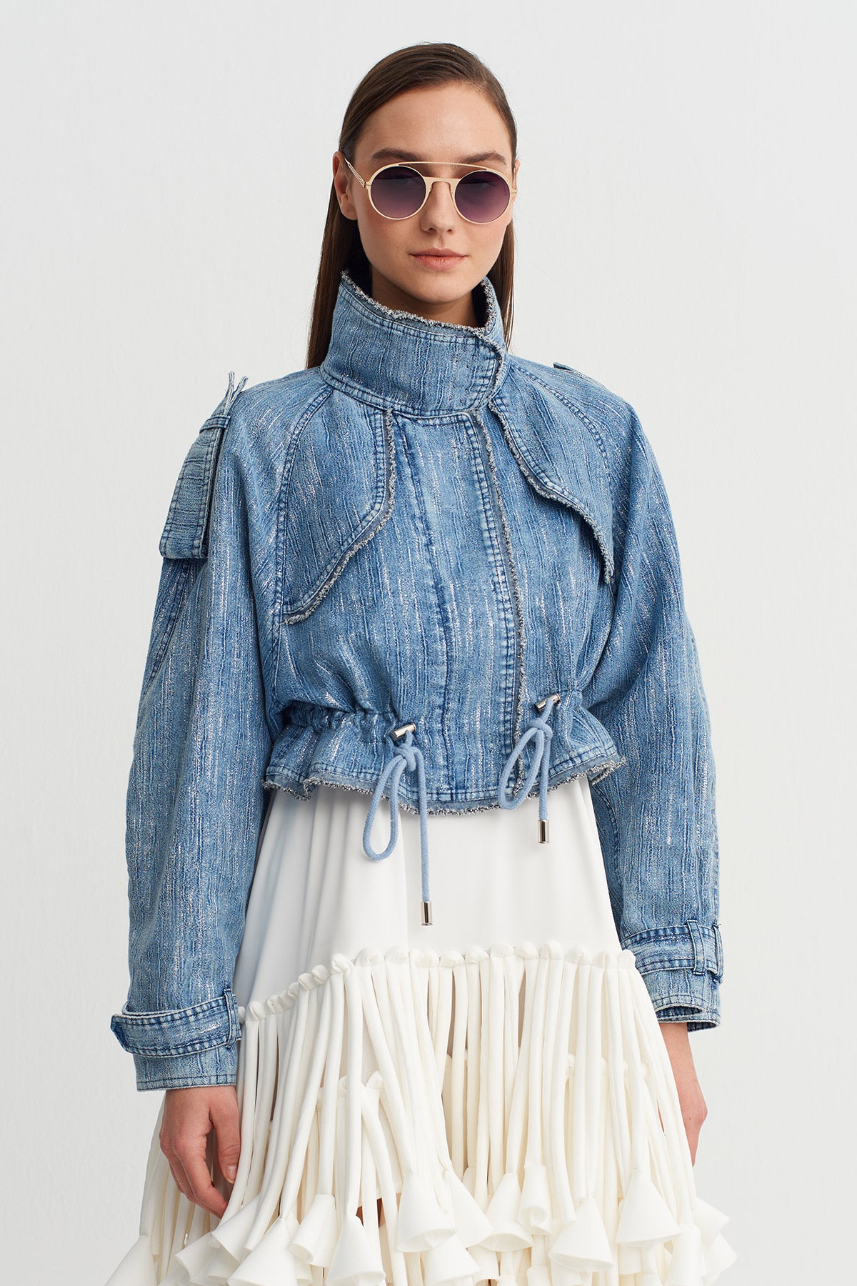 Indigo Yüksek Yakalı Büzgülü Denim Ceket-Y265015027