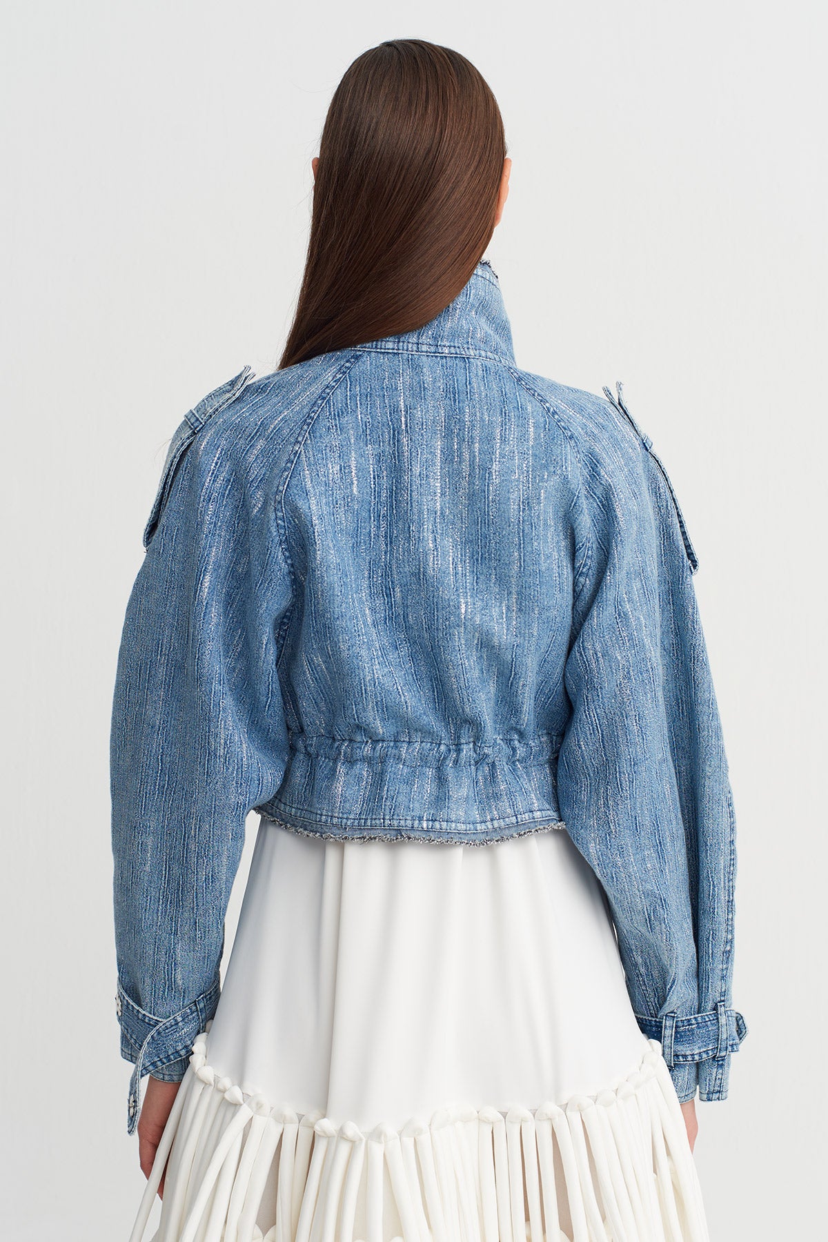 Indigo Yüksek Yakalı Büzgülü Denim Ceket-Y265015027