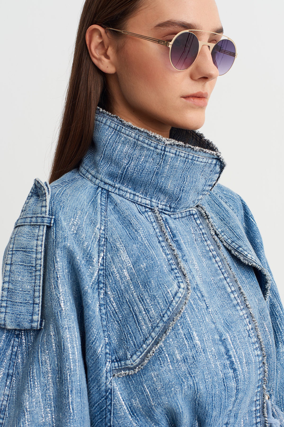 Indigo Yüksek Yakalı Büzgülü Denim Ceket-Y265015027