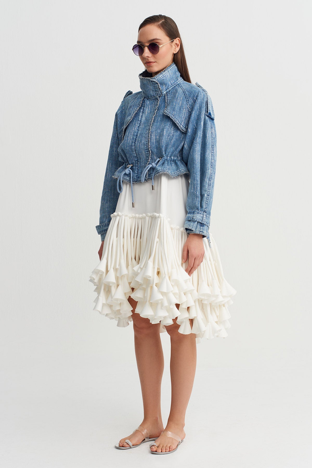 Indigo Yüksek Yakalı Büzgülü Denim Ceket-Y265015027