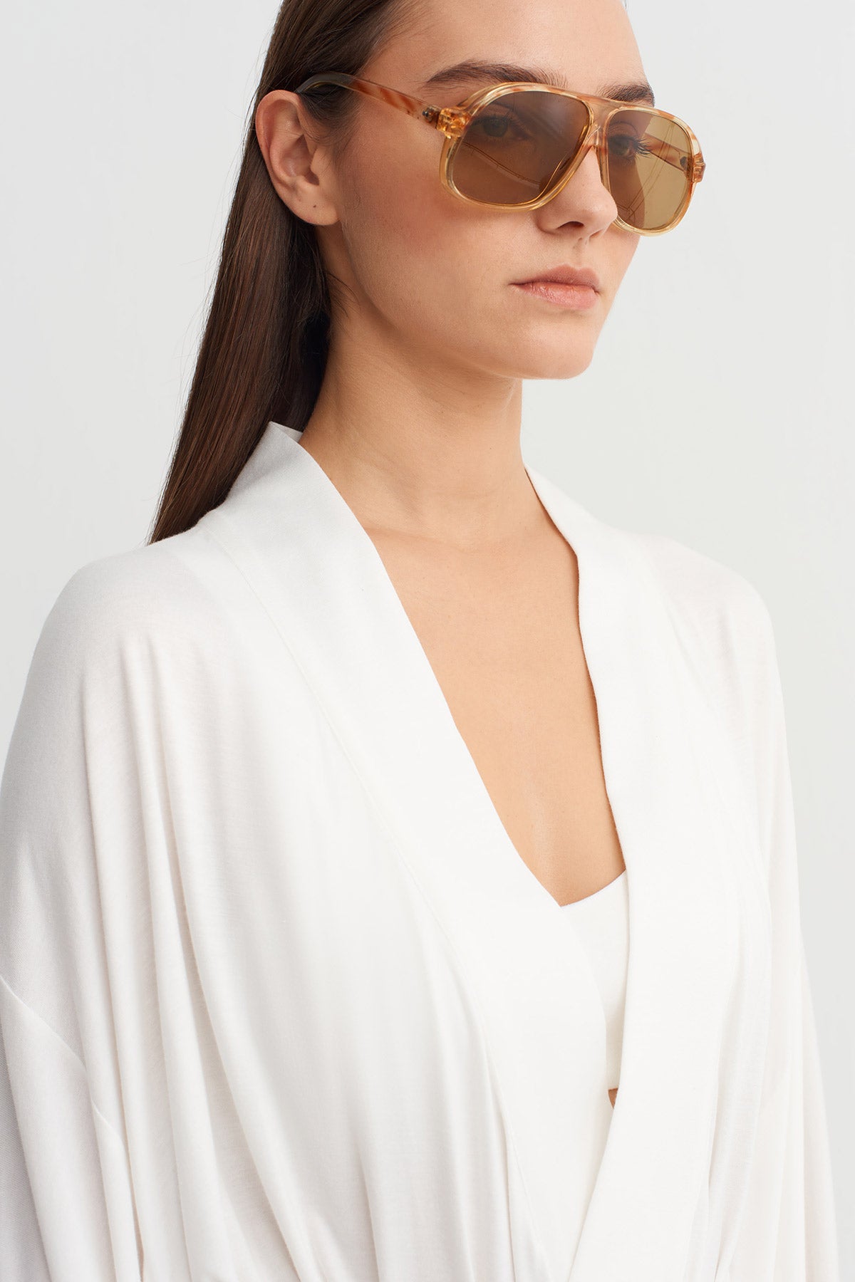 Kırık Beyaz Bağlamalı Uzun Kimono-Y265015039