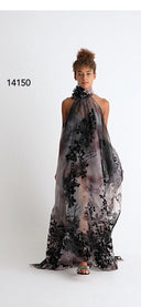 Siyah Çiçek İşlemeli Organze Halter Elbise-Y264014150
