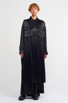  Siyah Kargo Cepli Uzun Saten Gömlek Elbise-K234014022