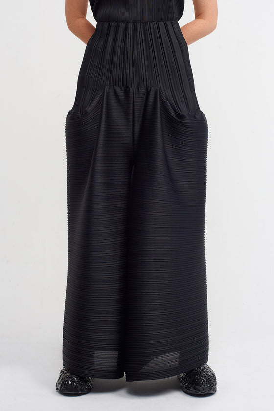Siyah Yüksek Bel Plise Pantolon-K233013012