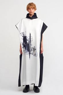  Beyaz / Siyah Baskılı Kumaş Bloklu Uzun Elbise-K234014003