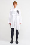 Beyaz / Siyah  Nakışlı, Pileli Gömlek Elbise-K234014006