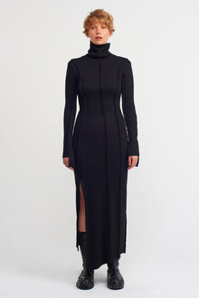  Siyah Asimetrik, Dik Yakalı Ribana Elbise-K234014007