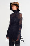 Siyah Büzgü Detaylı Kısa Tül Elbise-K234014017