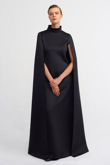  Siyah Uzun Pelerin Scuba Elbise-K234014079