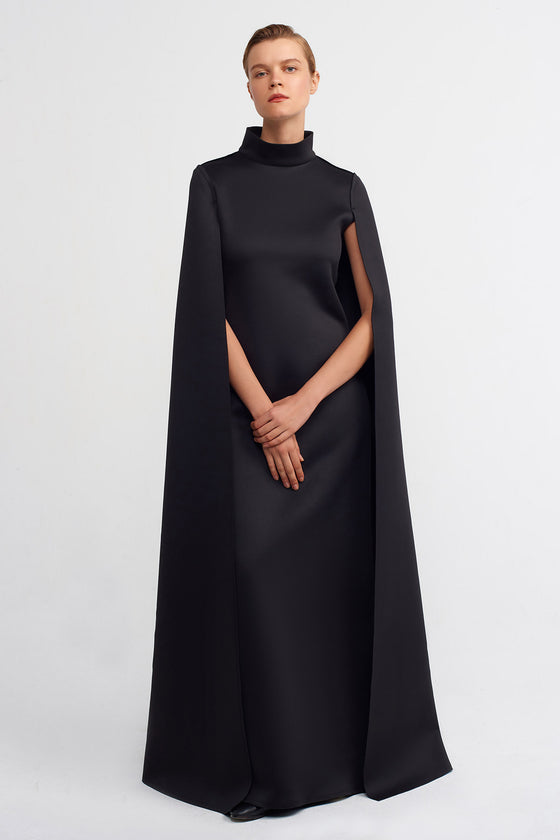 Siyah Uzun Pelerin Scuba Elbise-K234014079