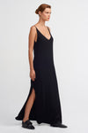 Siyah İnce Askılı Derin V Yaka Uzun Triko Elbise-K234014086