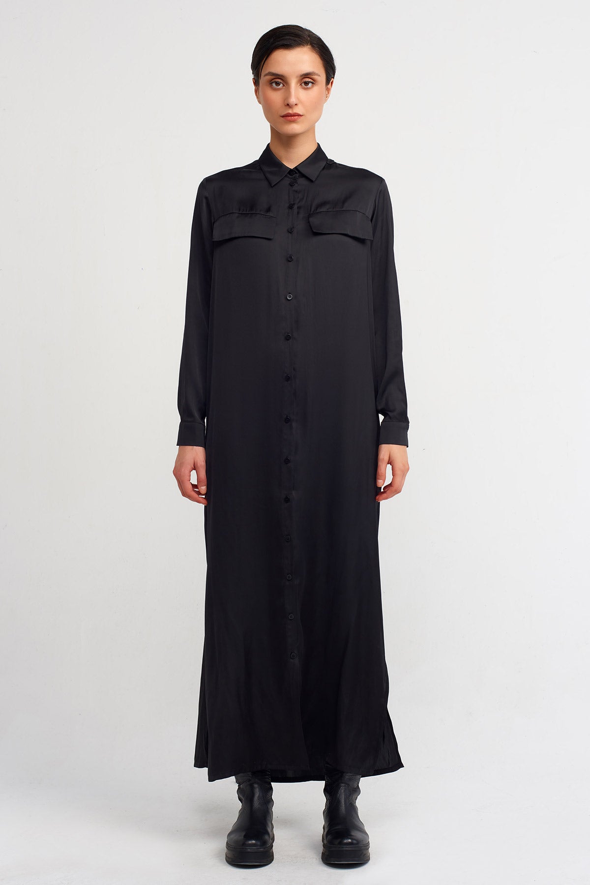 Siyah Uzun Saten Gömlek Elbise-K234014116