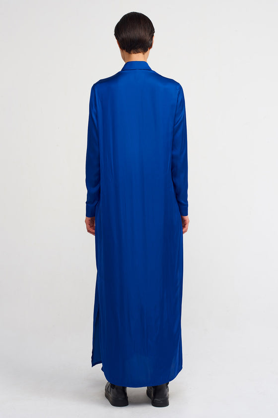 Deniz Mavisi Uzun Saten Gömlek Elbise-K234014116
