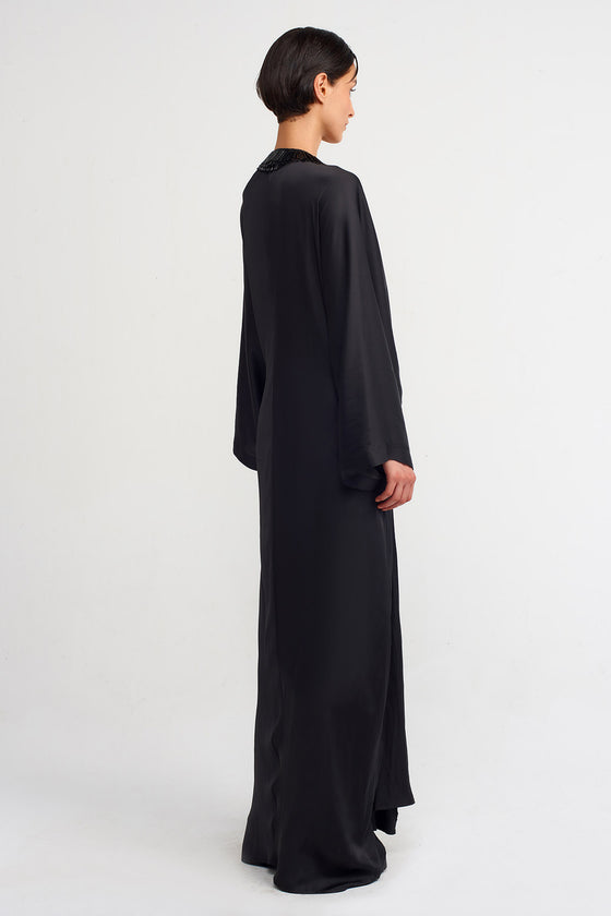 Siyah / Siyah Derin V Dekolteli, Uzun Saten Şık Elbise-K234014118