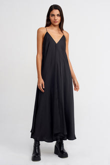  Siyah İnce Askılı Saten Uzun Elbise-K234014135