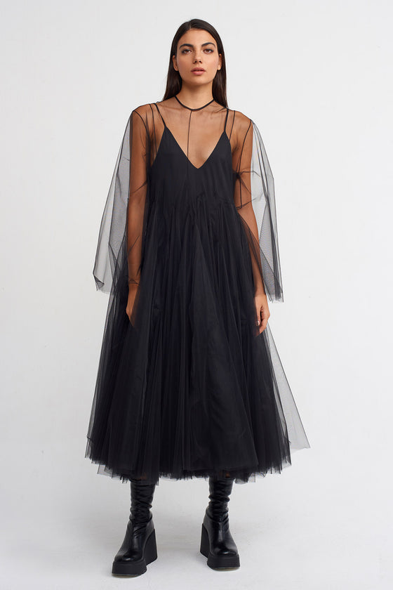 Siyah Uzun Kollu Tül Elbise-K234014137