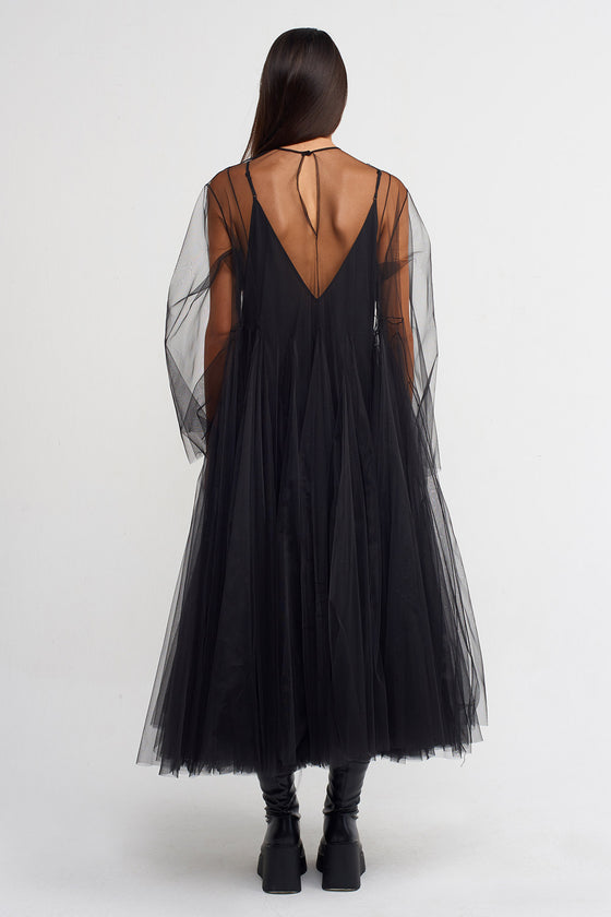 Siyah Uzun Kollu Tül Elbise-K234014137