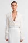Kırık Beyaz Kırçıllı Crop Blazer Ceket-K235015072