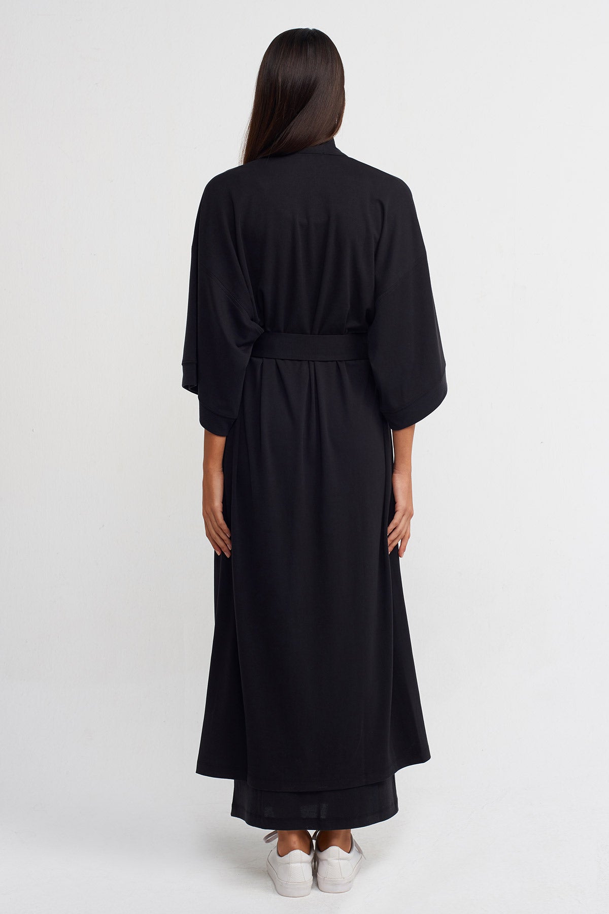 Siyah Belden Bağlamalı Uzun Kimono-K235015115
