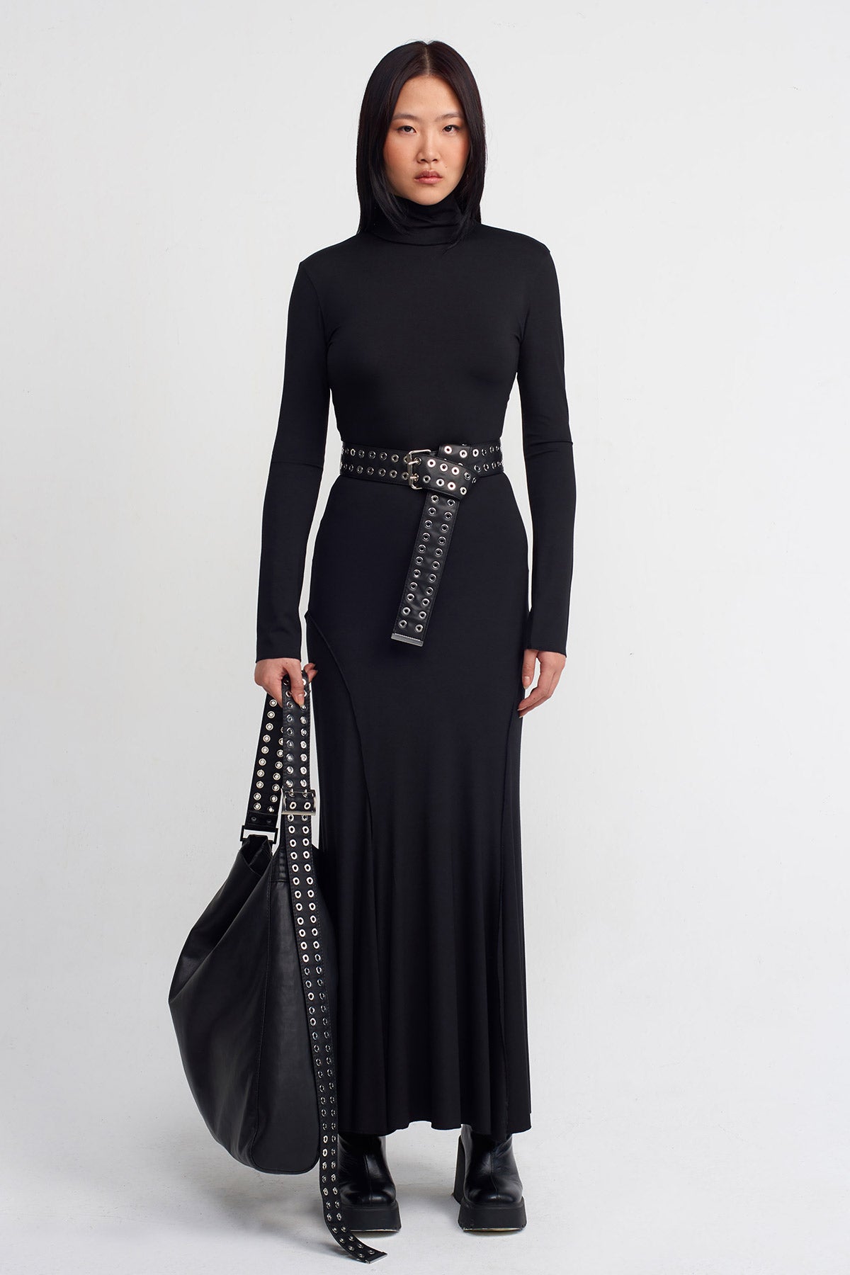 فستان جيرسي أسود ضيق طويل - K244014019