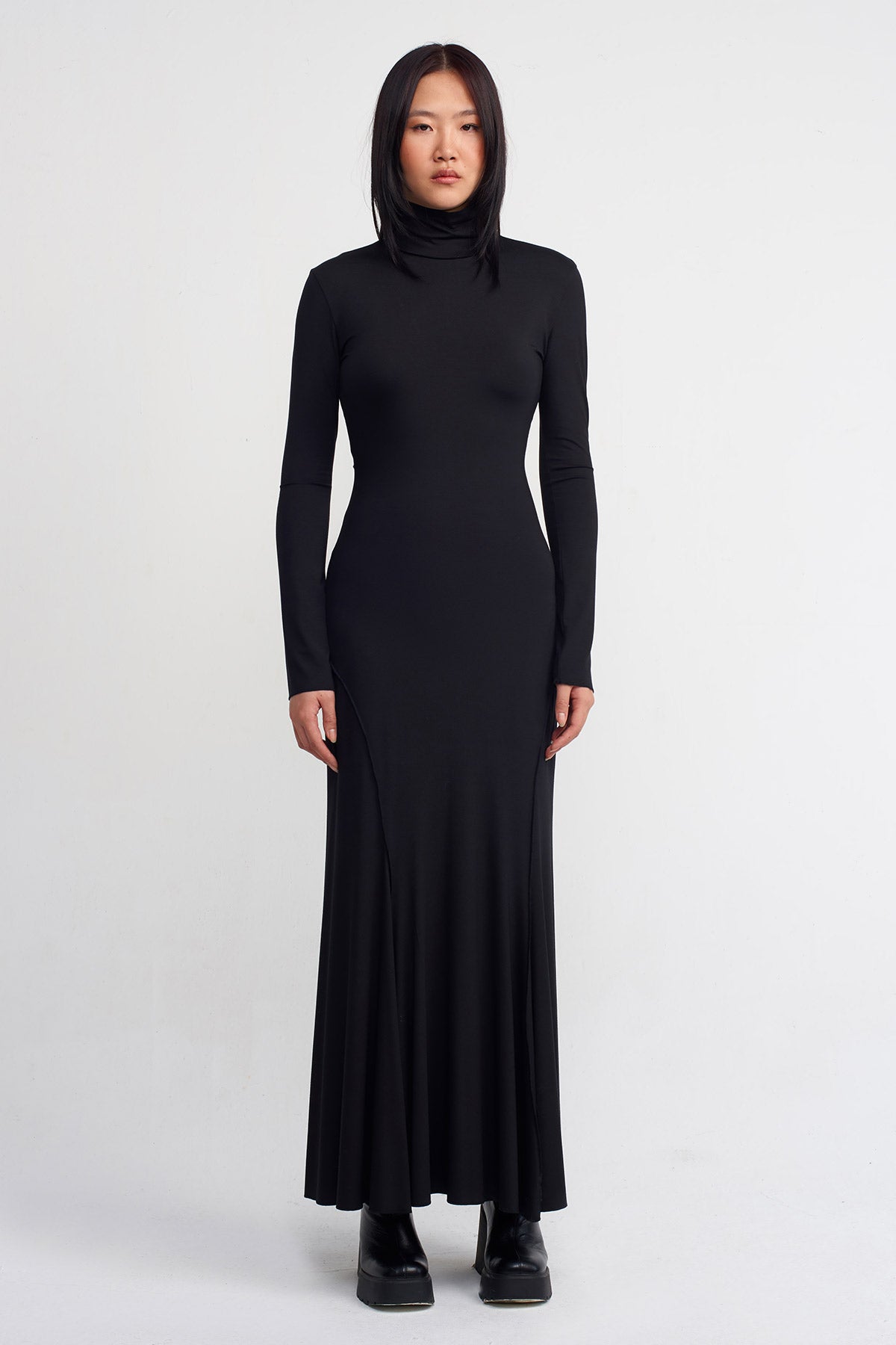 فستان جيرسي أسود ضيق طويل - K244014019
