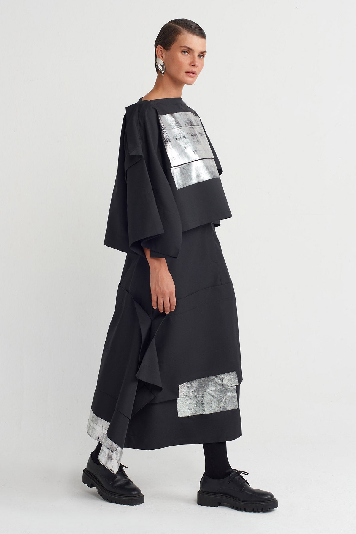 Black Metallic Printed Asymmetric Cut Blouse-K251011006