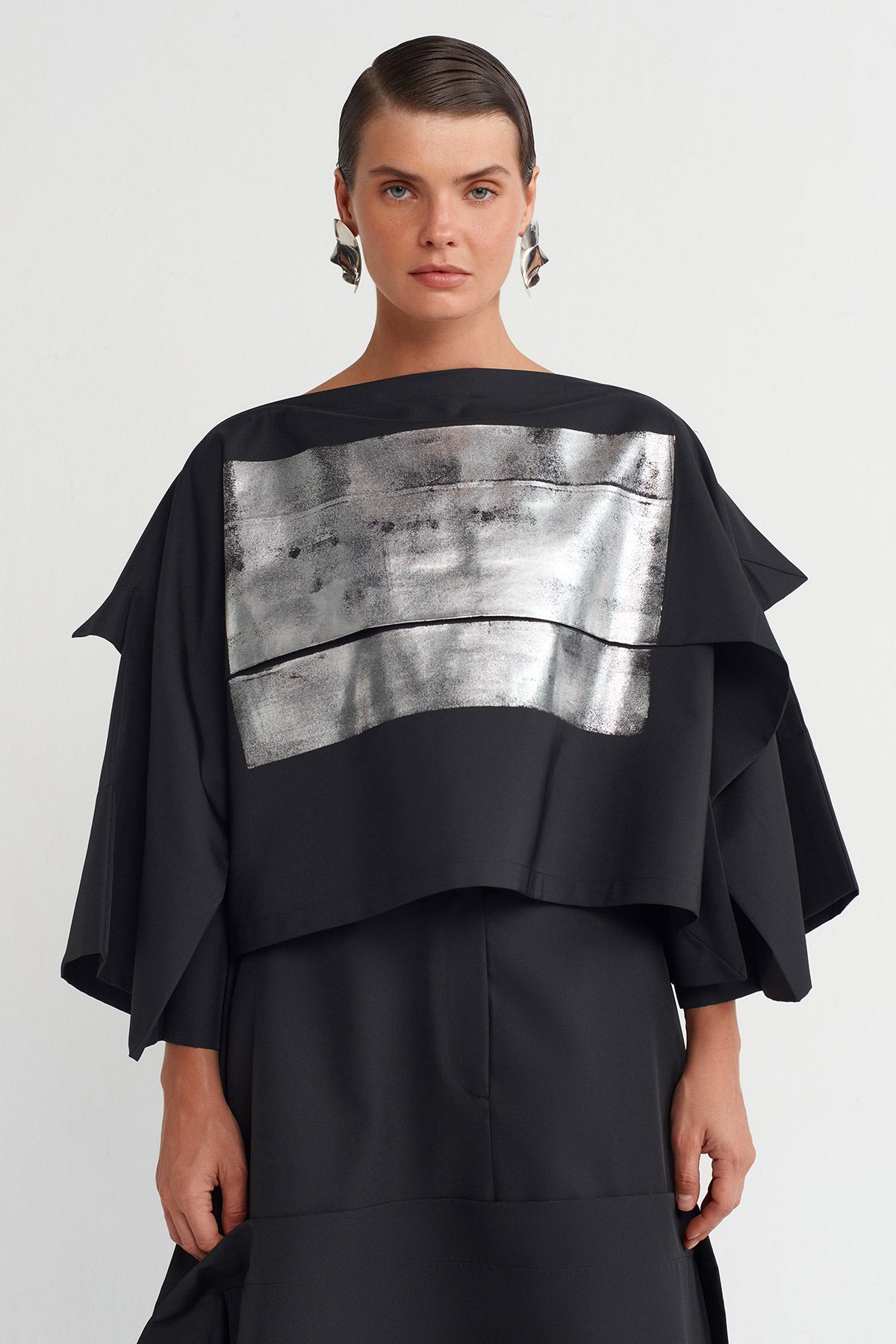Black Metallic Printed Asymmetric Cut Blouse-K251011006
