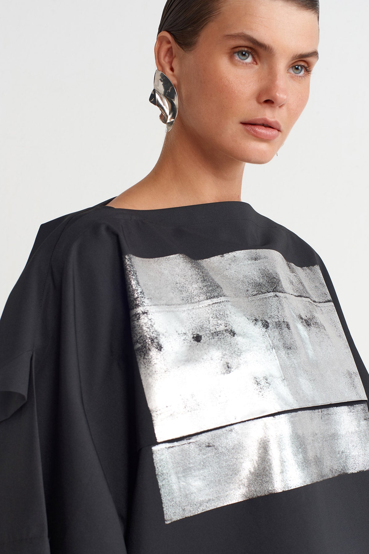 Black Metallic Printed Asymmetric Cut Blouse-K251011006