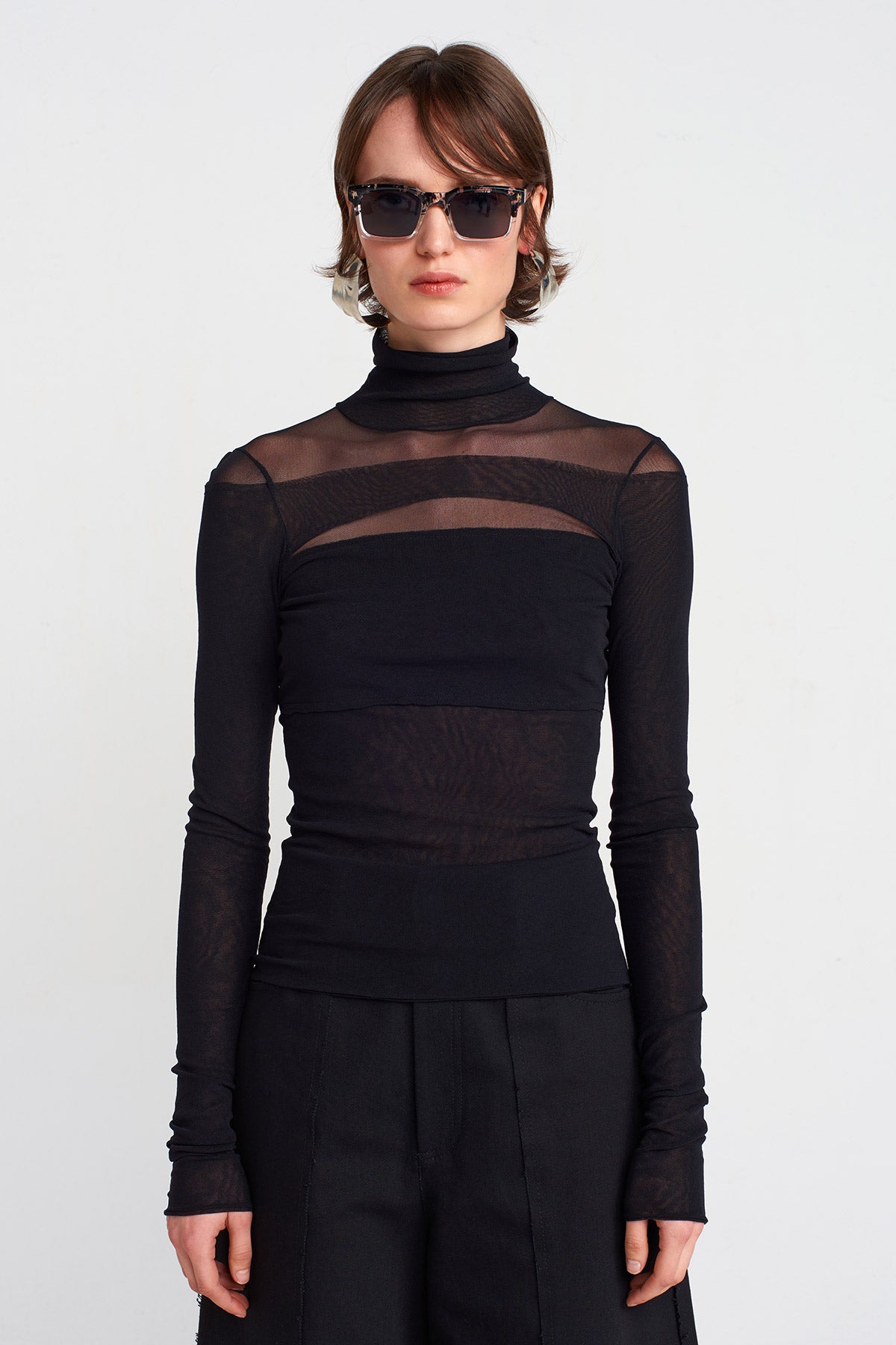 Siyah Bloklu Tül Body-K251011032