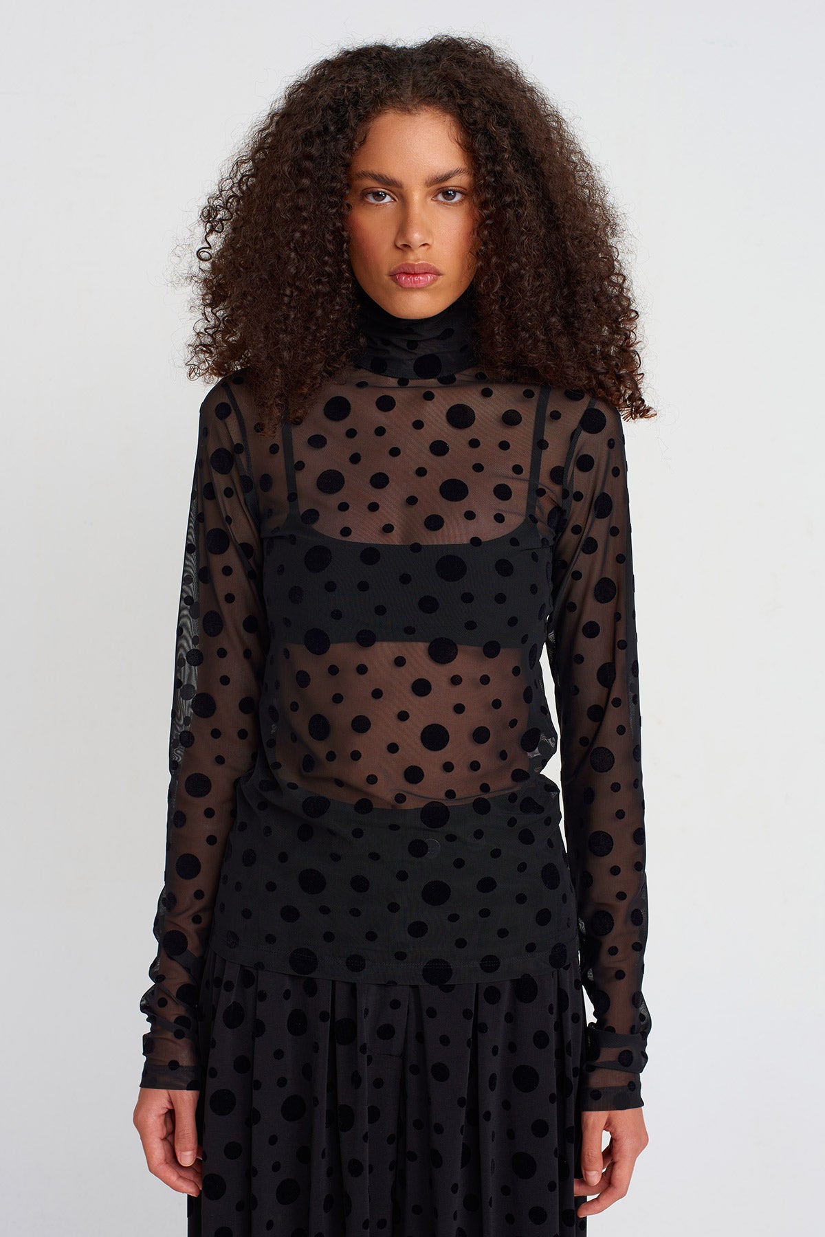 Velvet Polka Dot Patterned Tulle Blouse-K251011050